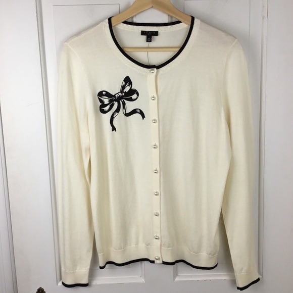 Talbots Cardigan Sweater Bow Pearl Buttons Black Trim NWT - Picture 1 of 6